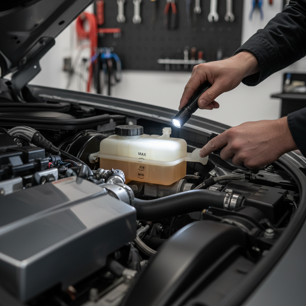 Mechanic using a flashlight to locate brake fluid reservoir in engine bay