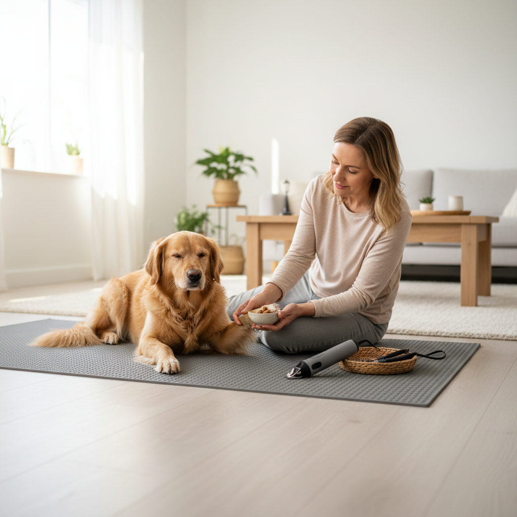 Dog calmly receiving treats during positive nail trimming training