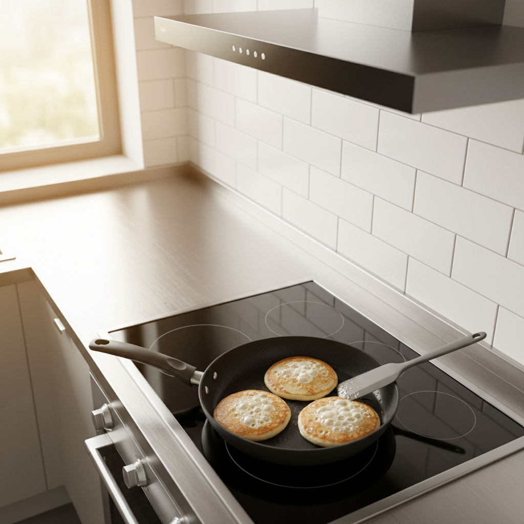Pancake cooking on a skillet with bubbles on top, ready to flip