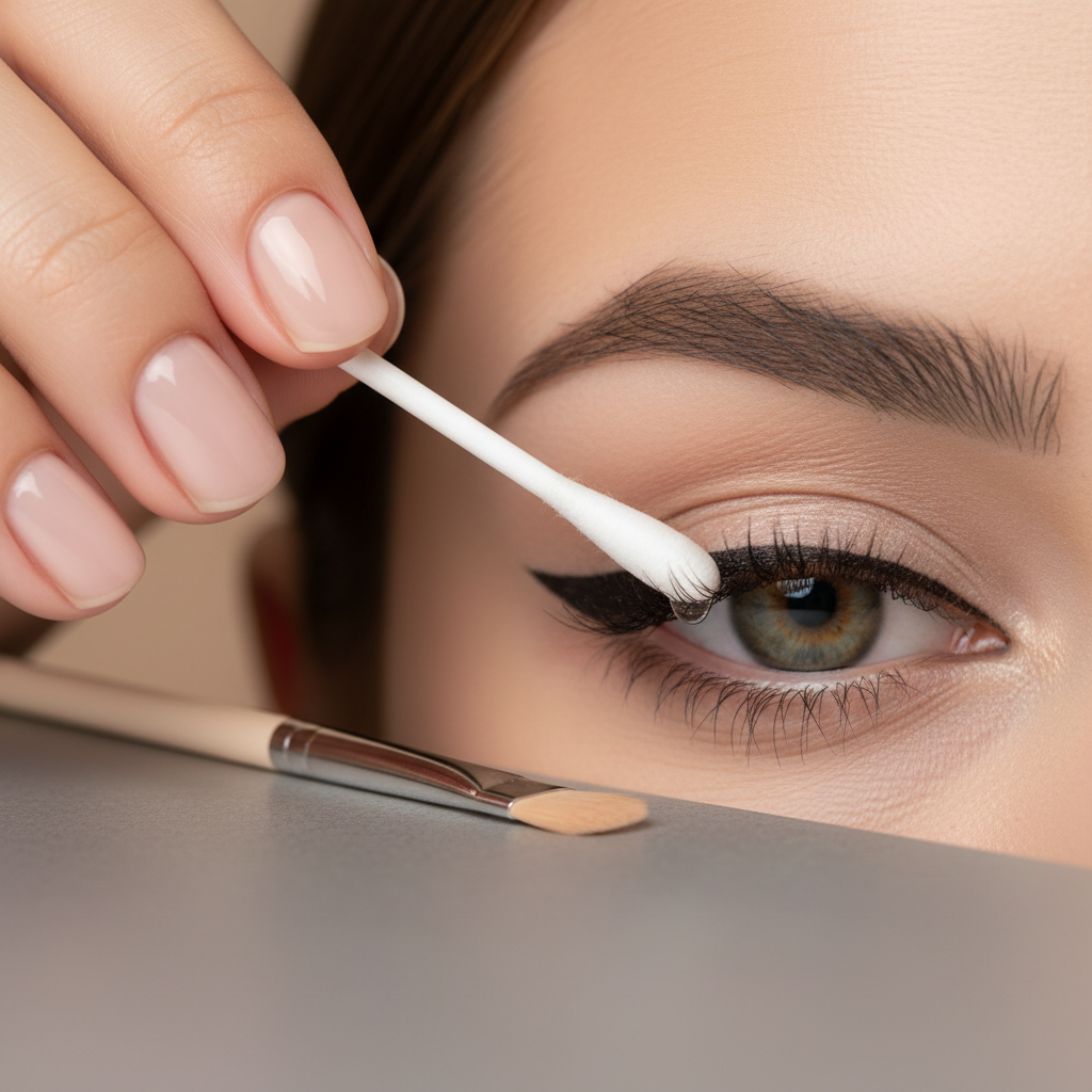 Fixing winged eyeliner with cotton swab and concealer for a sharp edge