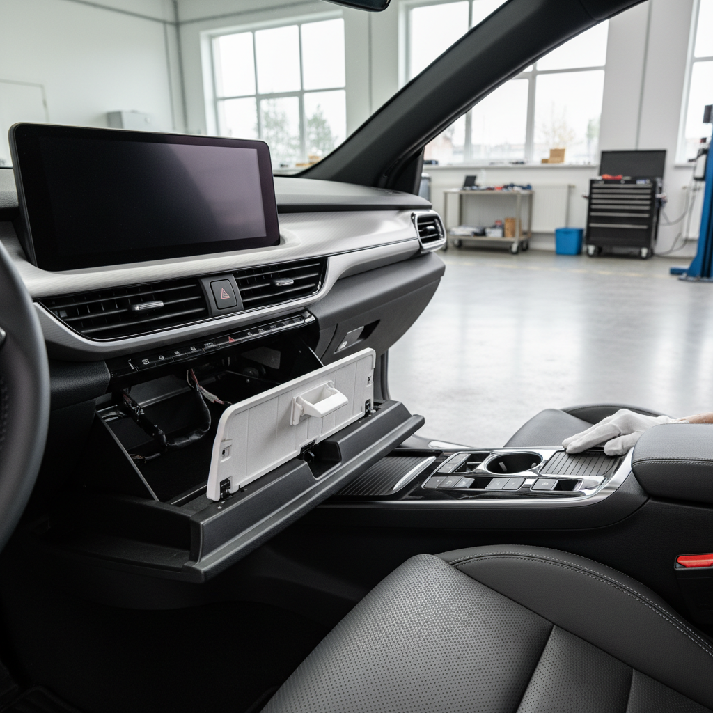 Cabin air filter location behind glove box in a car interior