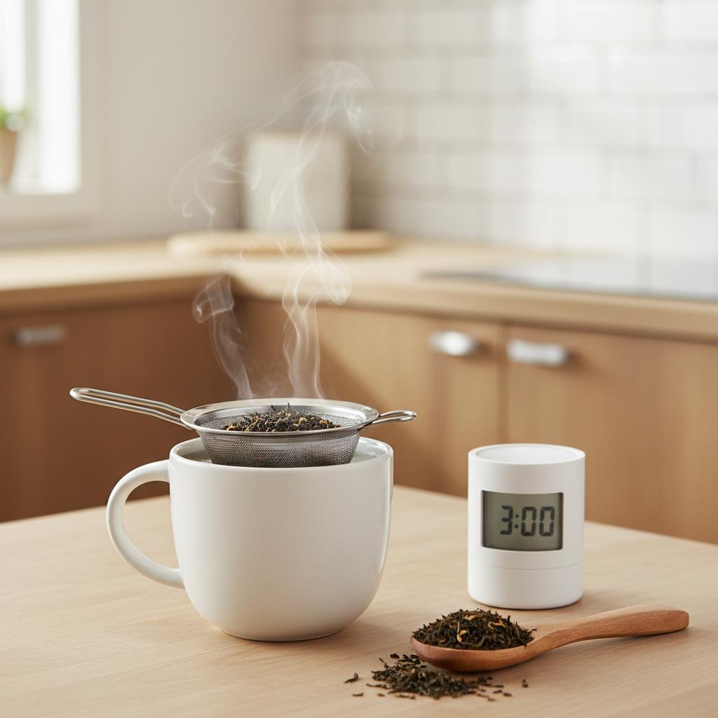 Loose leaf tea infuser basket in a mug with steam and a simple timer