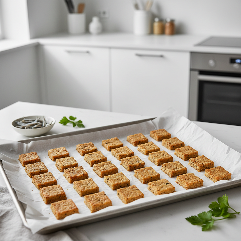 Baked homemade cat treats cut into small bite-size pieces