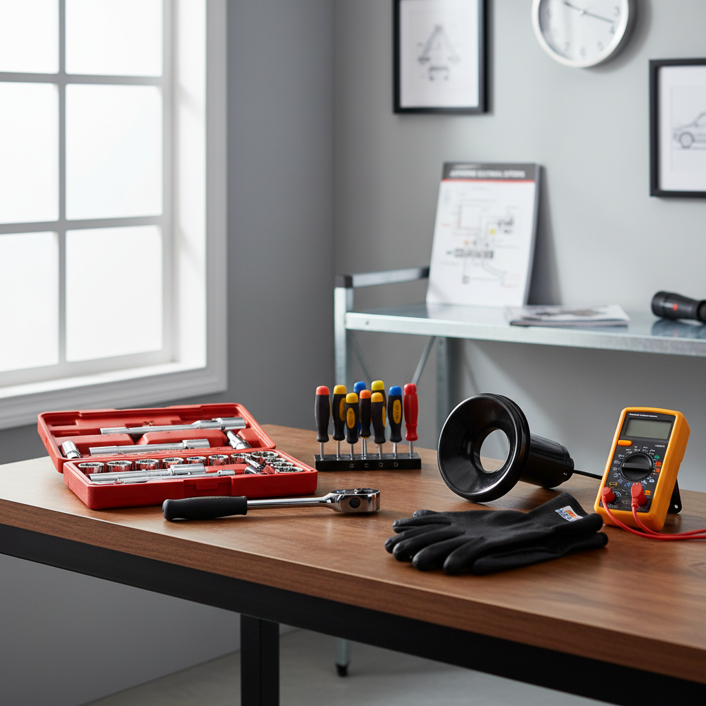 Car horn replacement tools laid out on a garage workbench