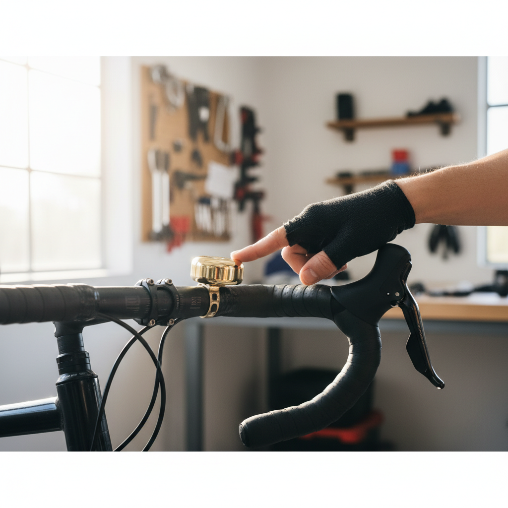 Checking bike bell stability and alignment on handlebars before riding