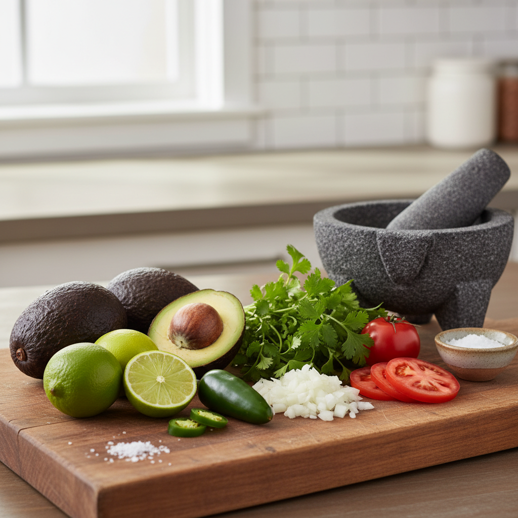 Authentic easy guacamole ingredients on a cutting board with ripe avocados and limes