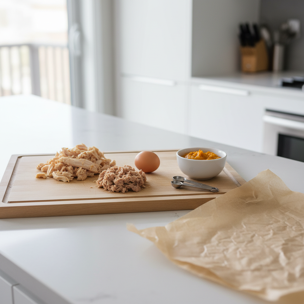 Simple homemade cat treats ingredients on a kitchen counter