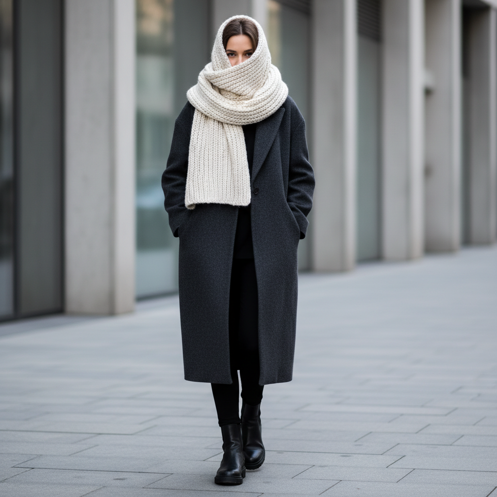 Winter leggings outfit with long coat, scarf, and boots