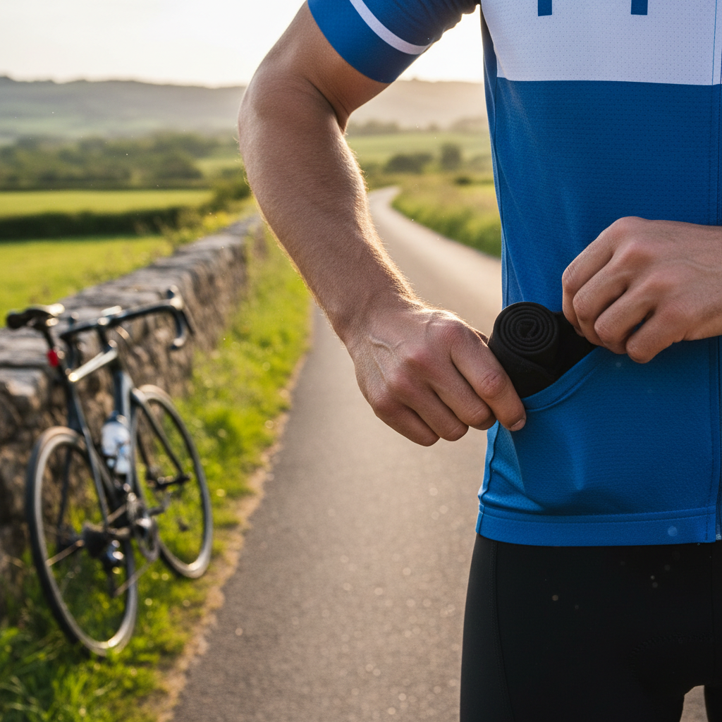Cyclist rolling up arm warmers and storing them in a jersey pocket