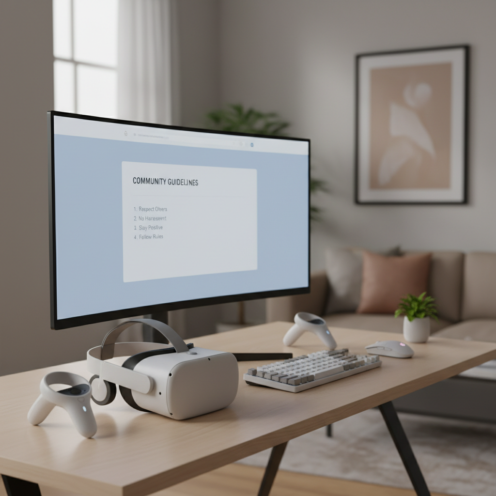 Gorilla Tag player reading community guidelines on a VR headset setup