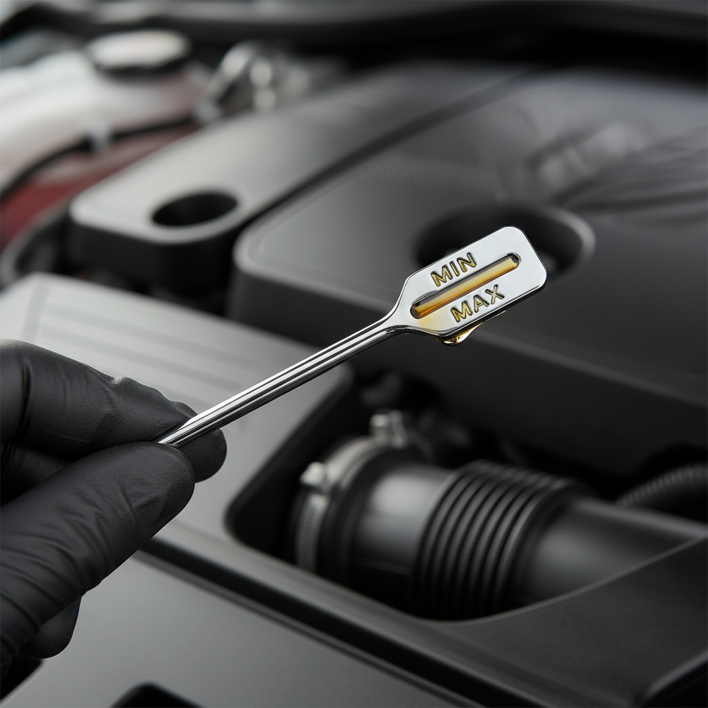 Close-up of dipstick showing minimum and maximum oil level marks