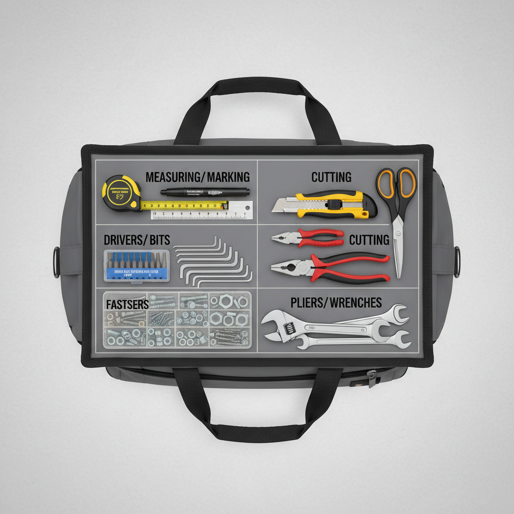 Tool bag zone layout diagram with sections for measuring, drivers, cutting, and fasteners