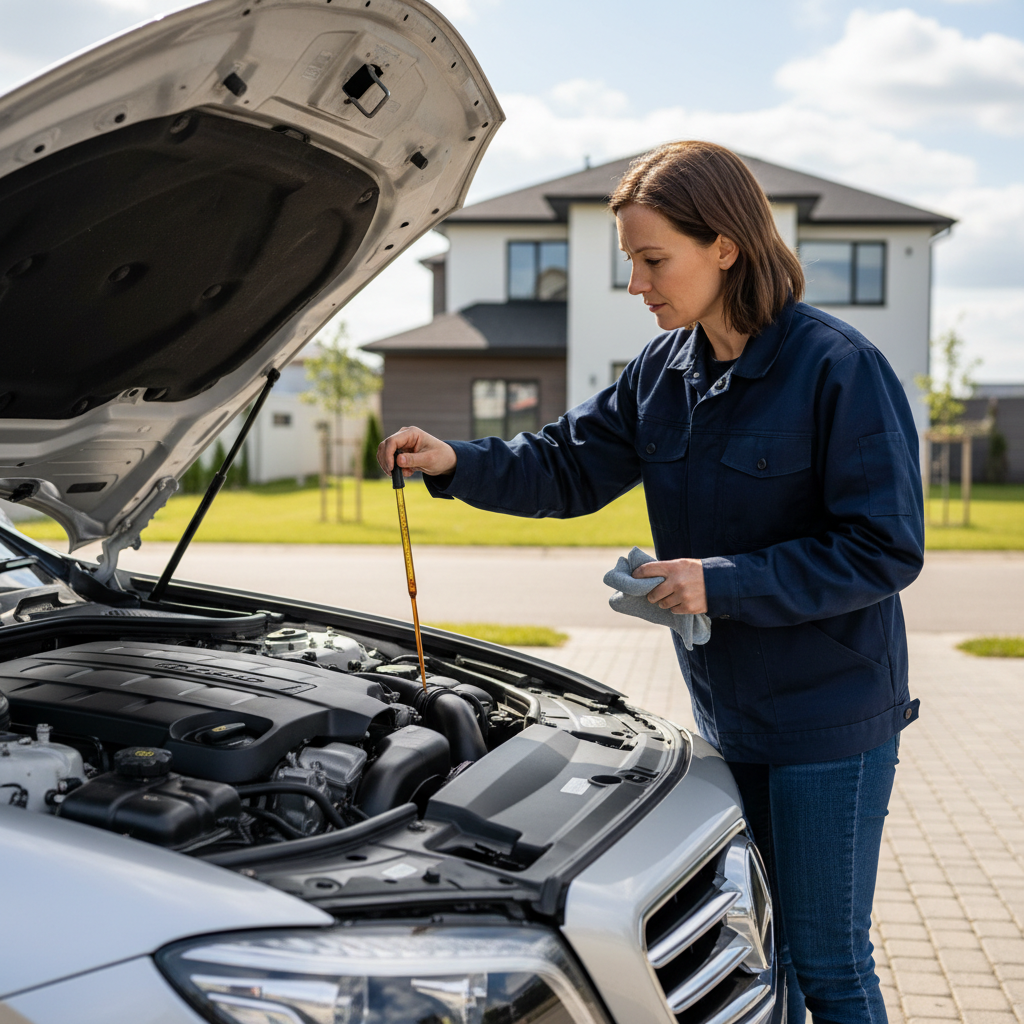 Driver checking engine oil level with dipstick in a parked car