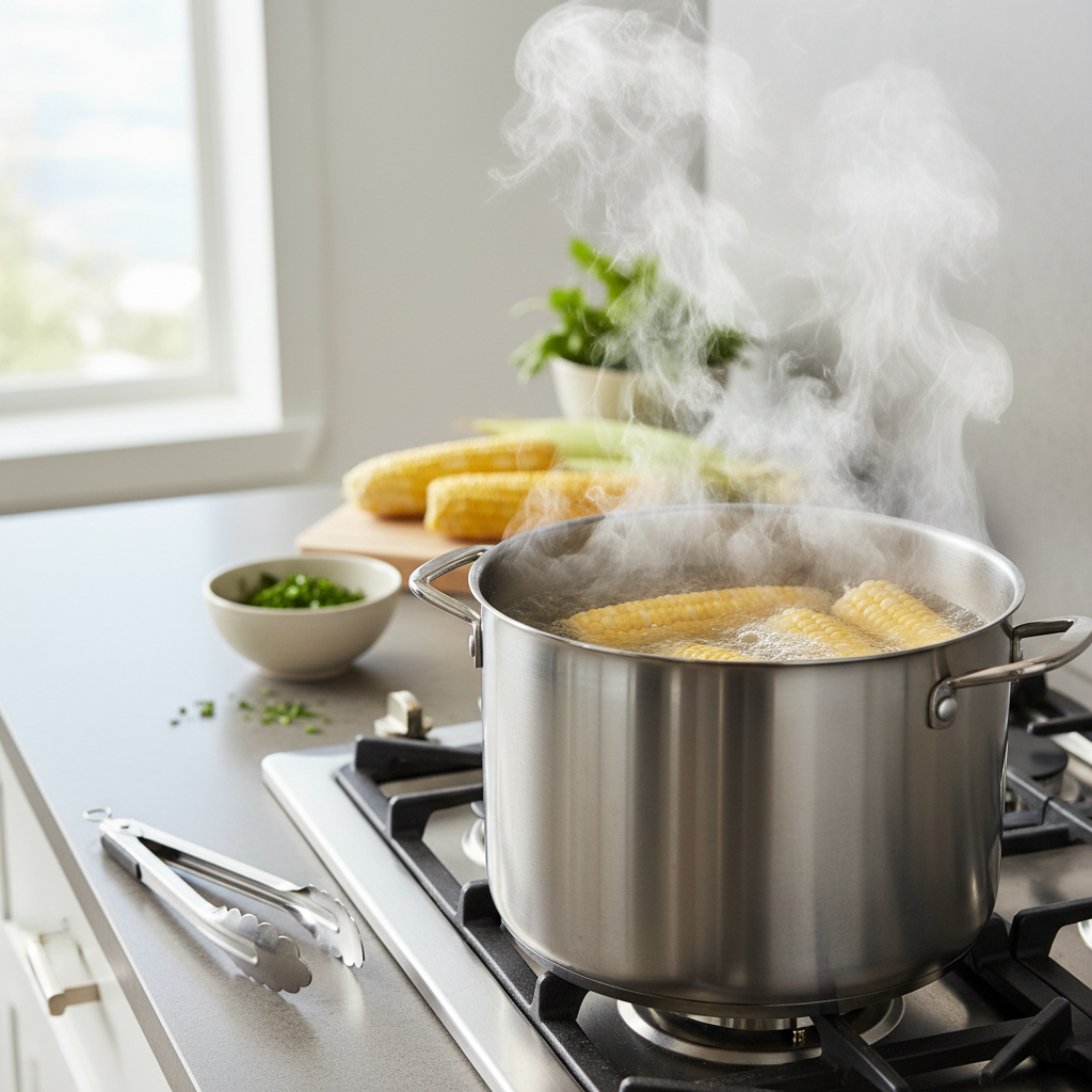 Boiling fresh corn on the cob in a large pot on a home stove