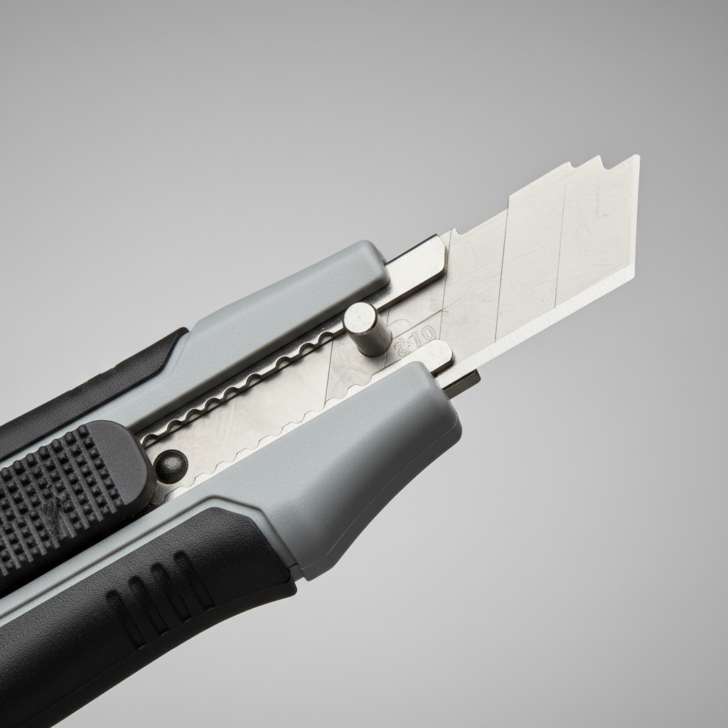 Utility knife blade seated correctly in the carrier with clear alignment on the post