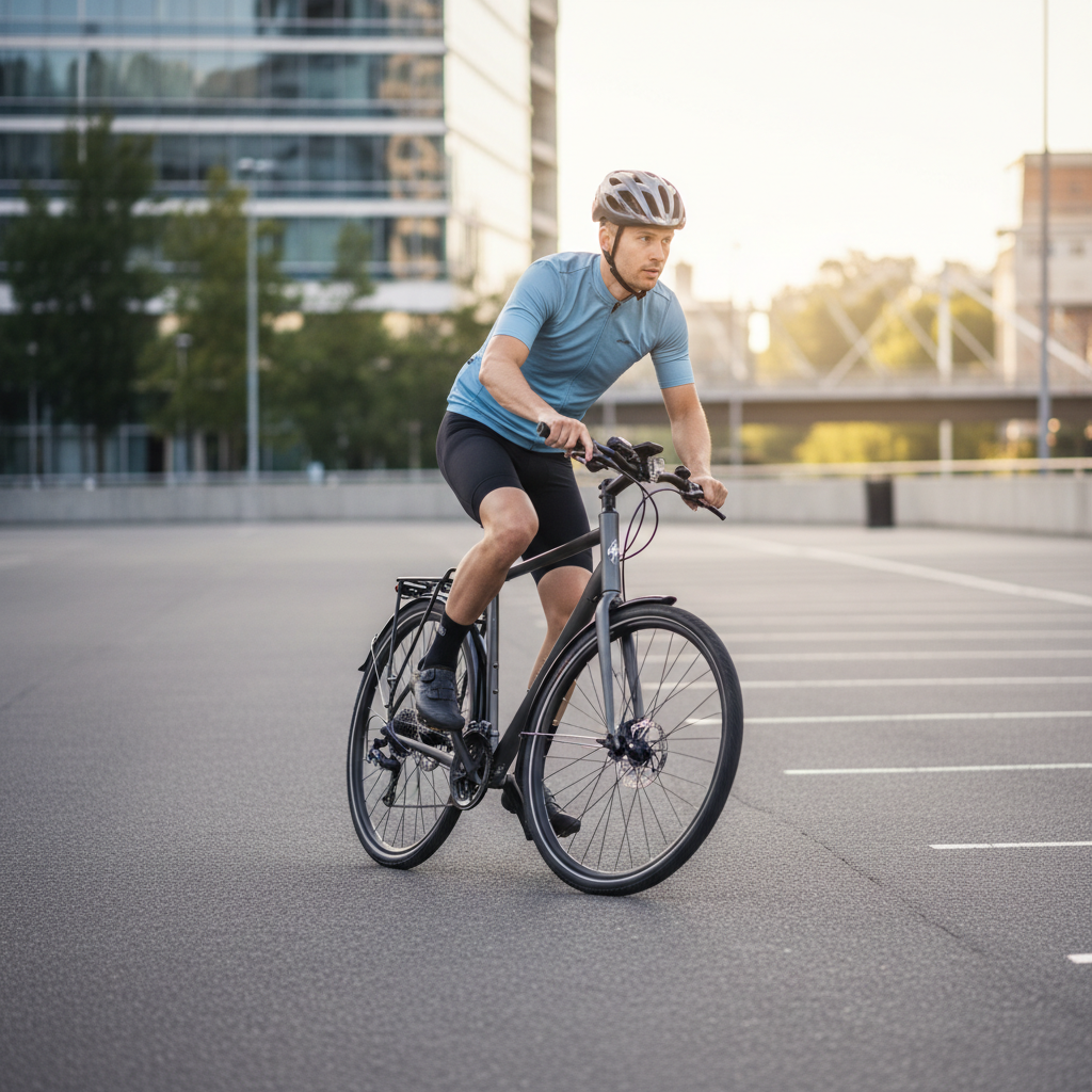 Rider doing a hybrid bike parking lot test ride for sizing