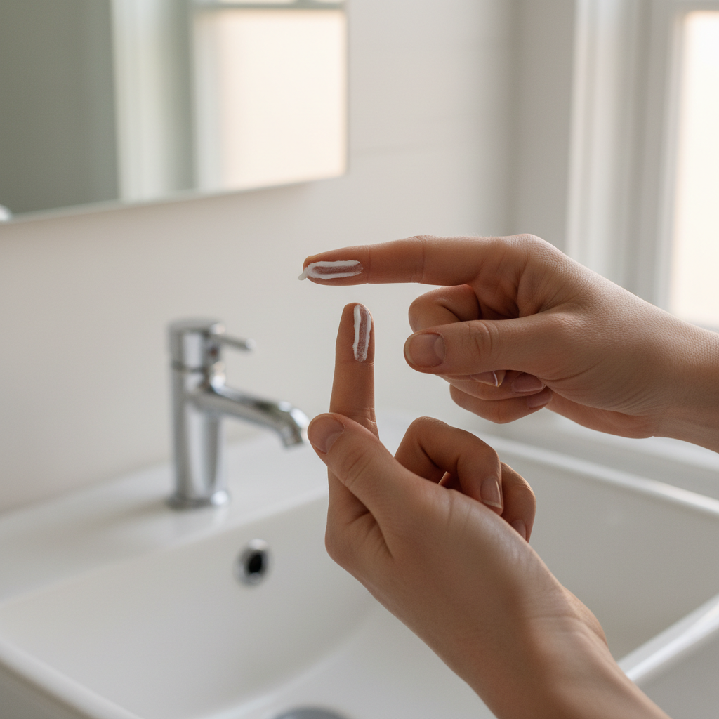 Sunscreen amount guide showing two-finger method for face and neck