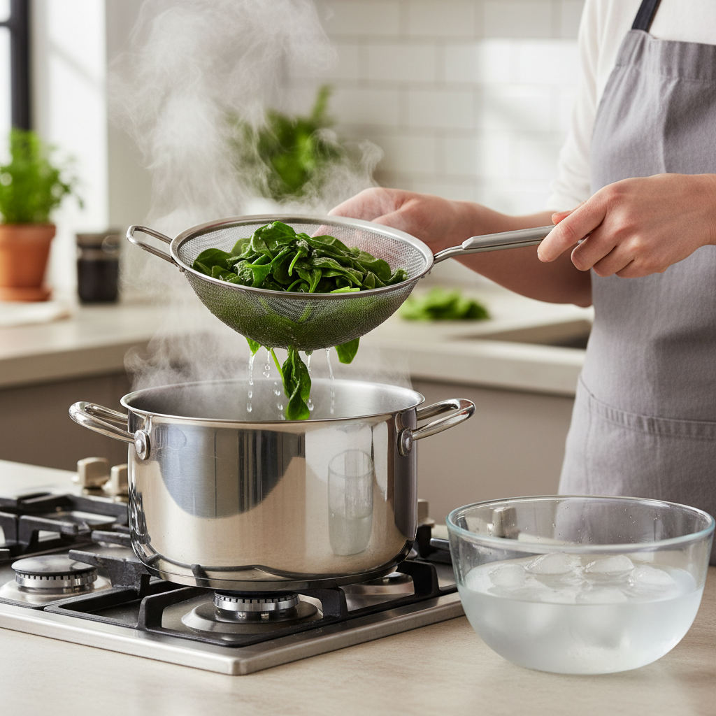 Spinach blanching in boiling water with a strainer and ice bath setup for bright green leaves