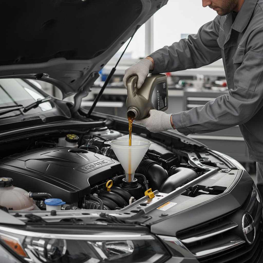 Pouring a small amount of motor oil into the oil fill cap opening using a funnel