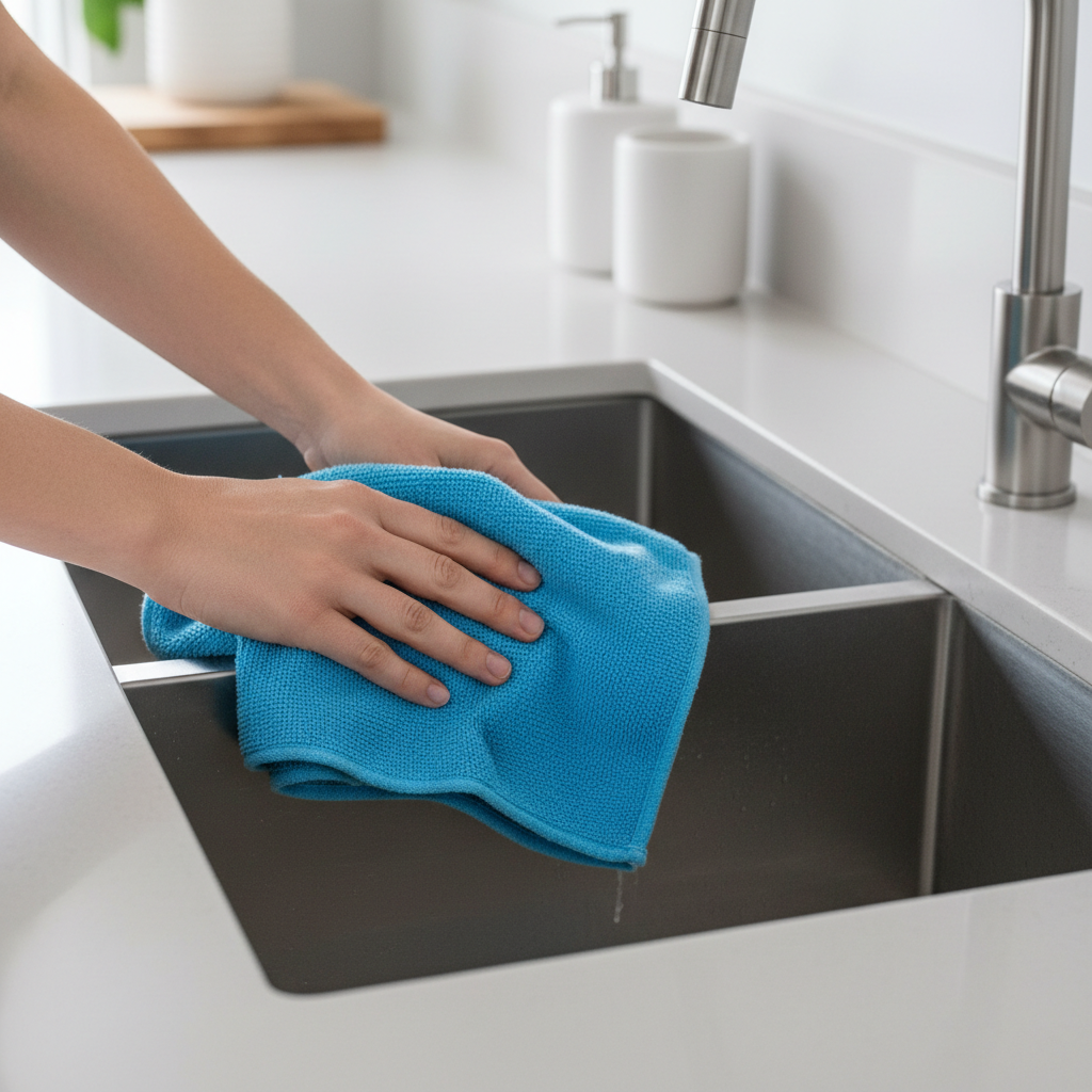 Hand drying a clean stainless steel sink with a microfiber towel for streak-free shine