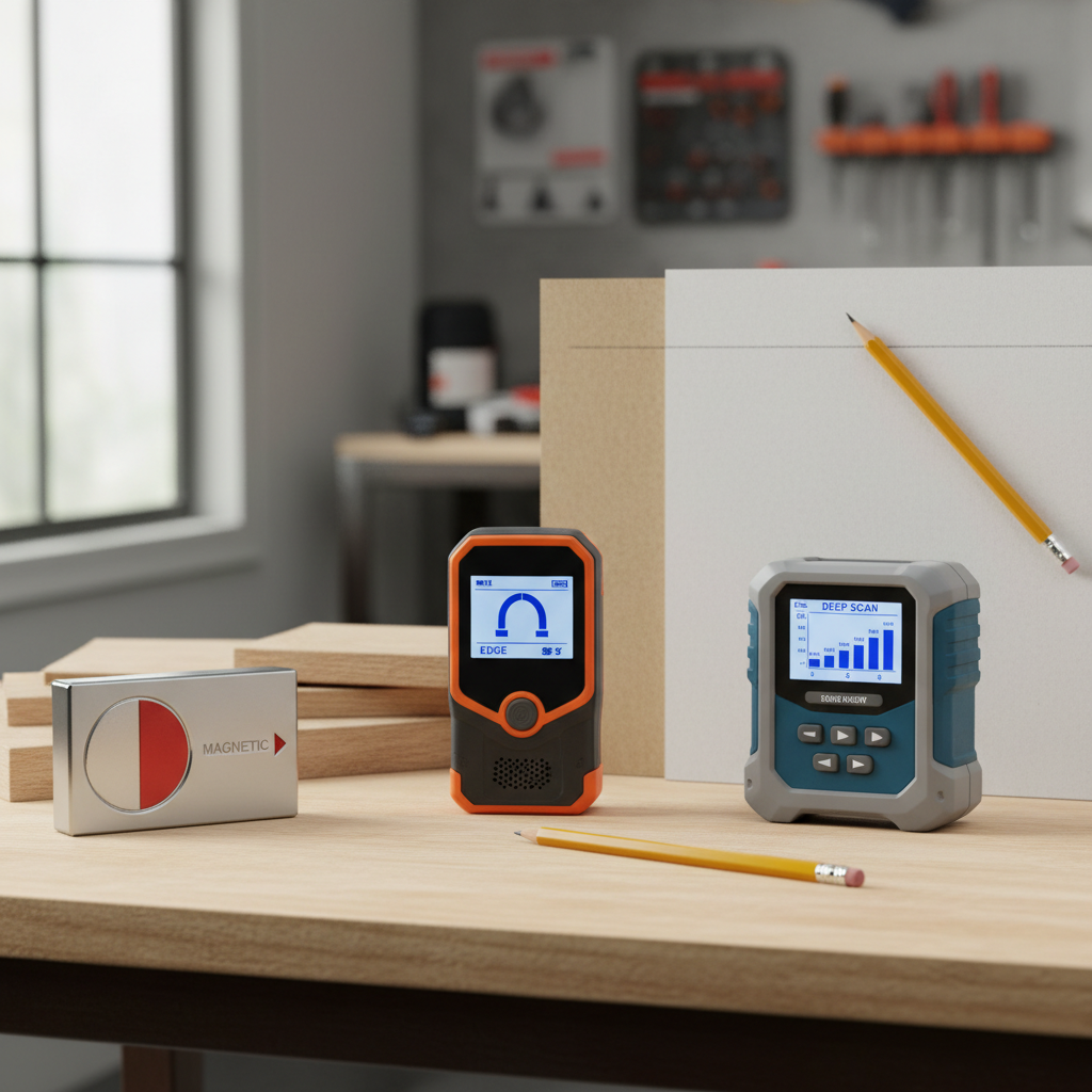 Different types of stud finders on a workbench before scanning a wall