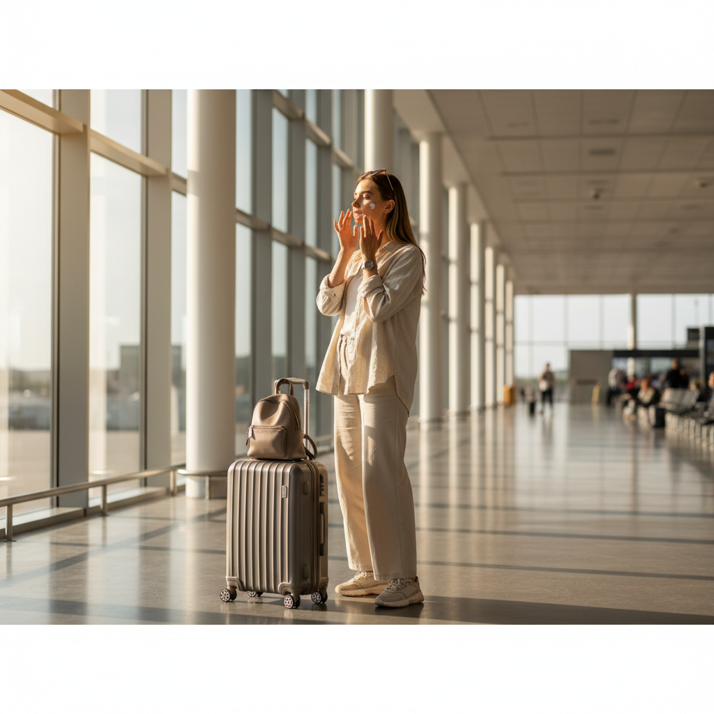 Traveler applying sunscreen at an airport window during a long travel day