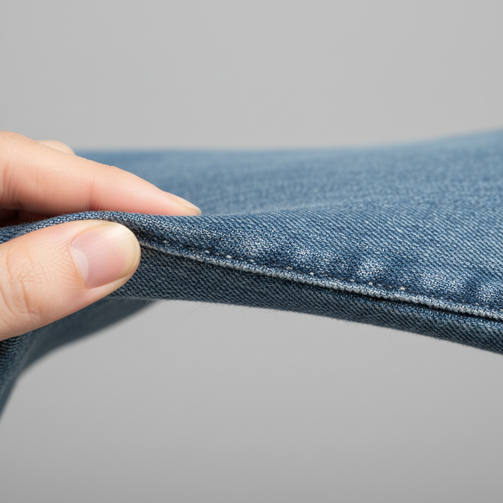 Close-up of denim fabric showing weave and stretch recovery