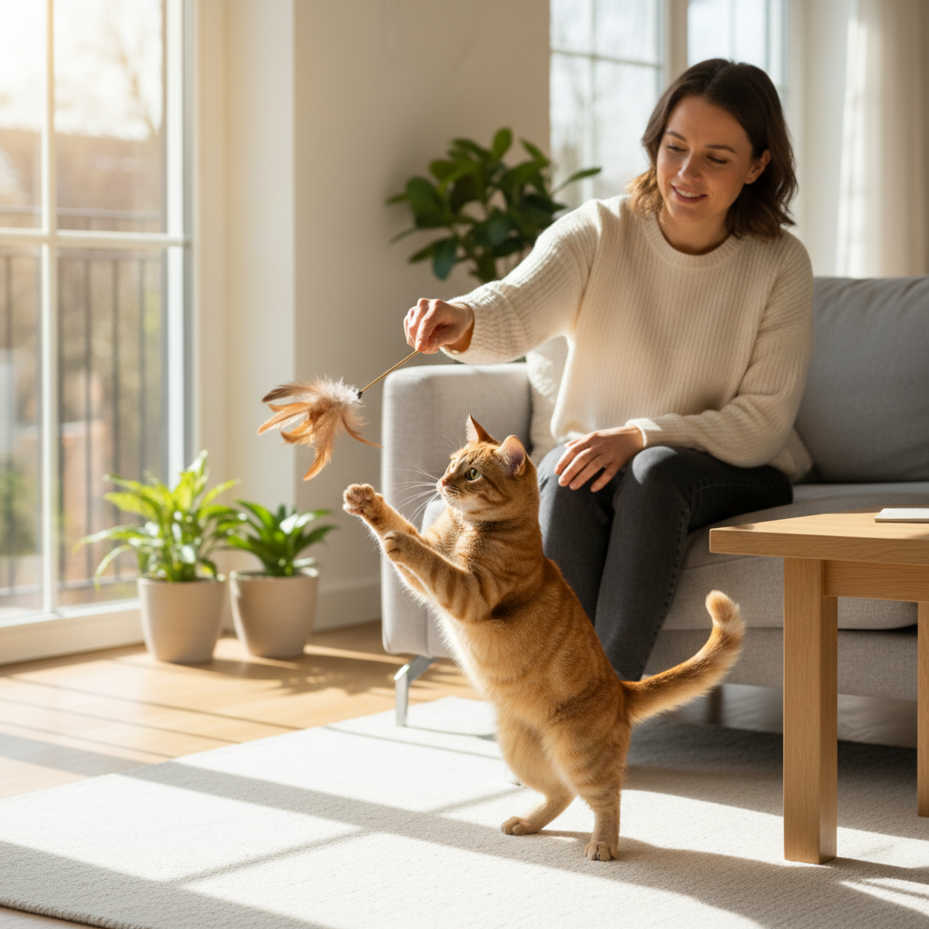 Owner gently playing with a cat using a wand toy in a living room