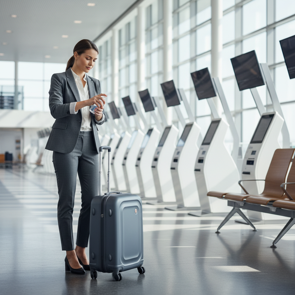 Traveler using hand sanitizer in an airport terminal after touching public surfaces