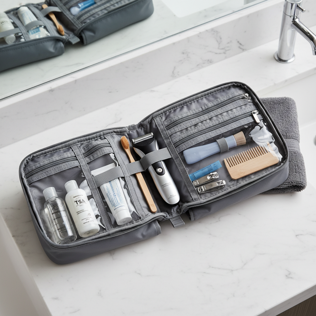 Organized travel toiletry bag layout with labeled pouches and TSA-size bottles
