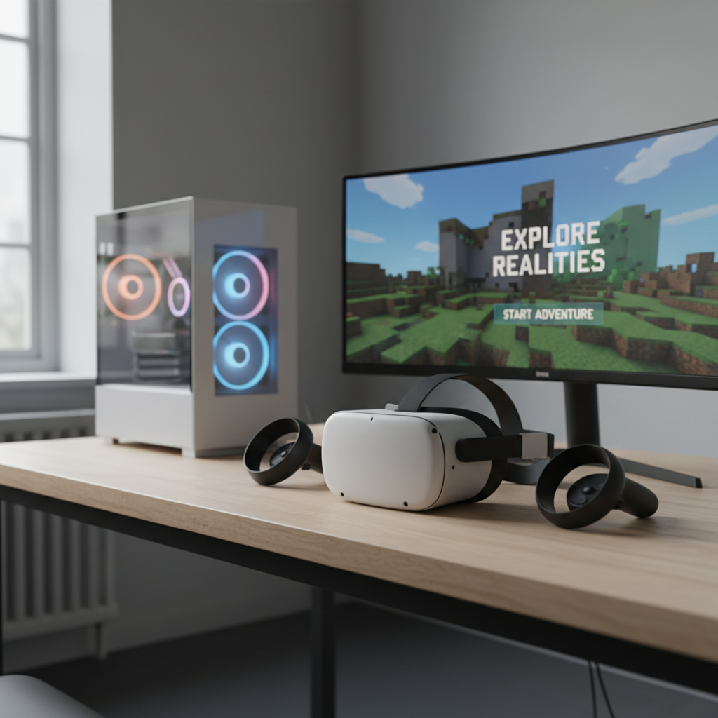 PC VR setup for playing Minecraft in VR with headset and controllers