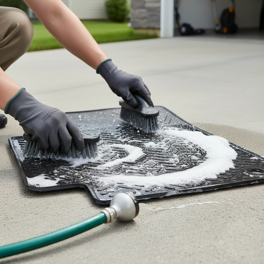 Scrubbing an all-weather rubber car floor mat with a brush and soap