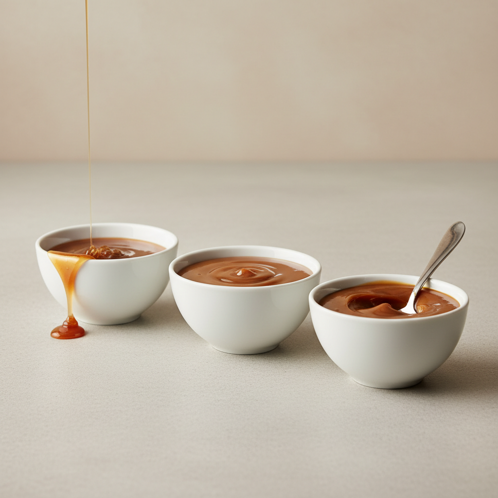 Caramel sauce consistency comparison from thin to thick in spoon