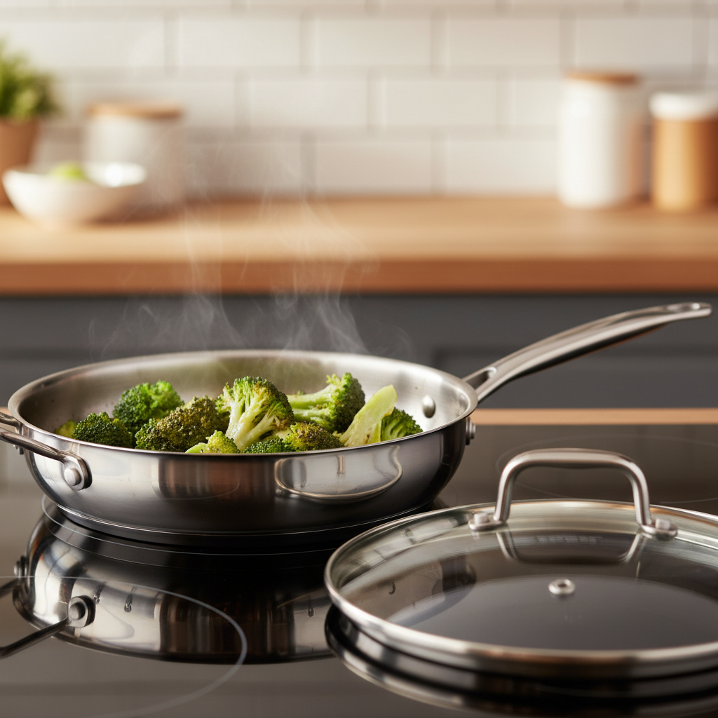 Broccoli sautéing in a skillet with a lid nearby