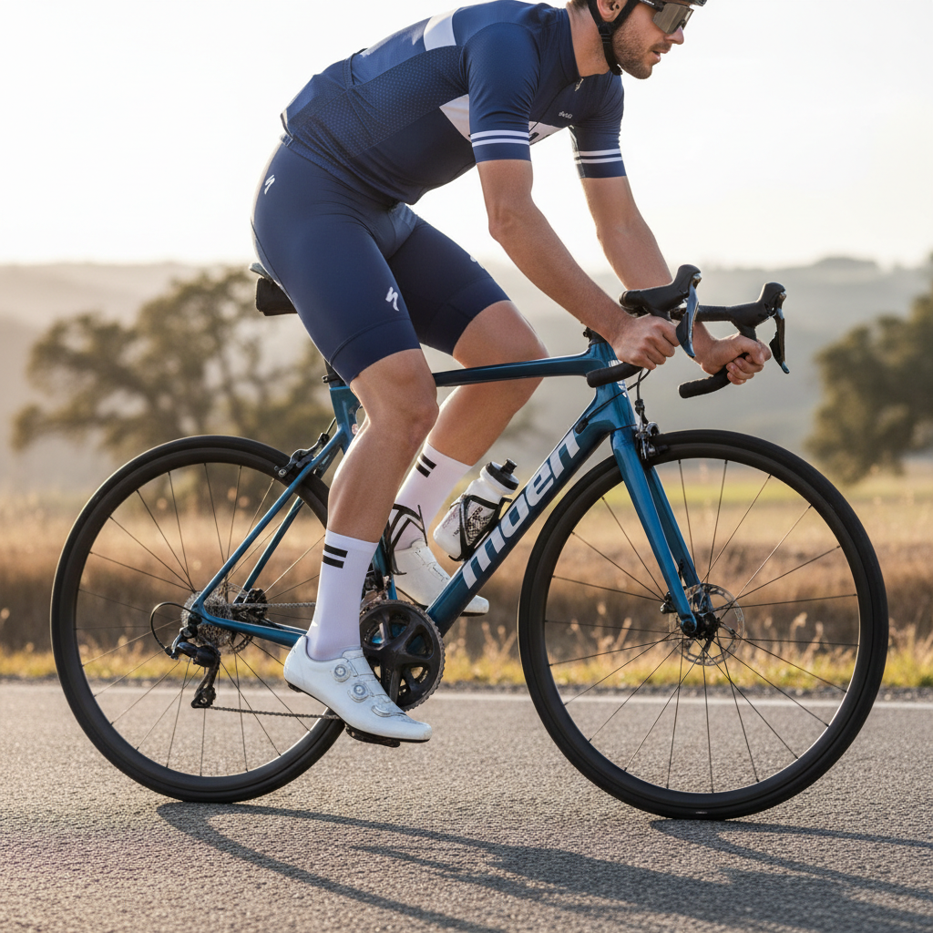 Road cyclist wearing crew-length cycling socks with road shoes on a sunny ride