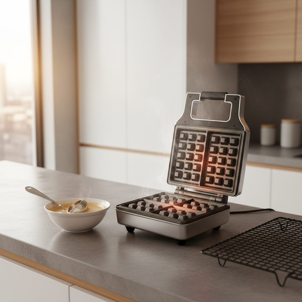 Waffle iron preheating with batter ladle and wire rack setup