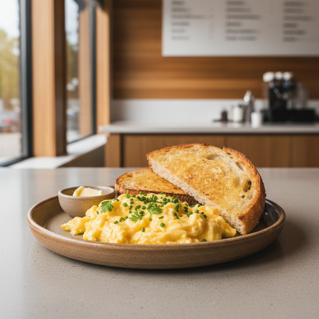 Soft fluffy scrambled eggs plated with toast and herbs for breakfast
