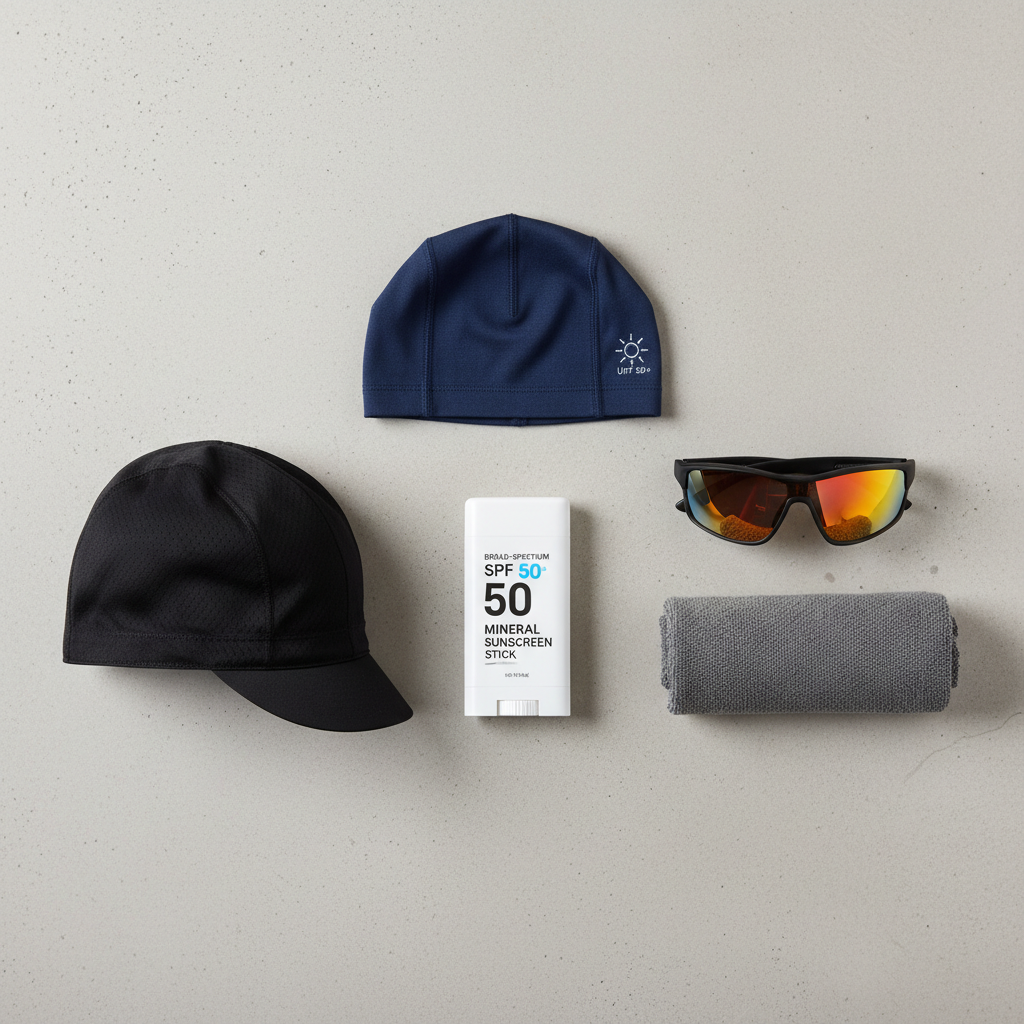 Helmet-friendly sun protection items for cyclists including scalp sunscreen, cycling cap, and neck gaiter