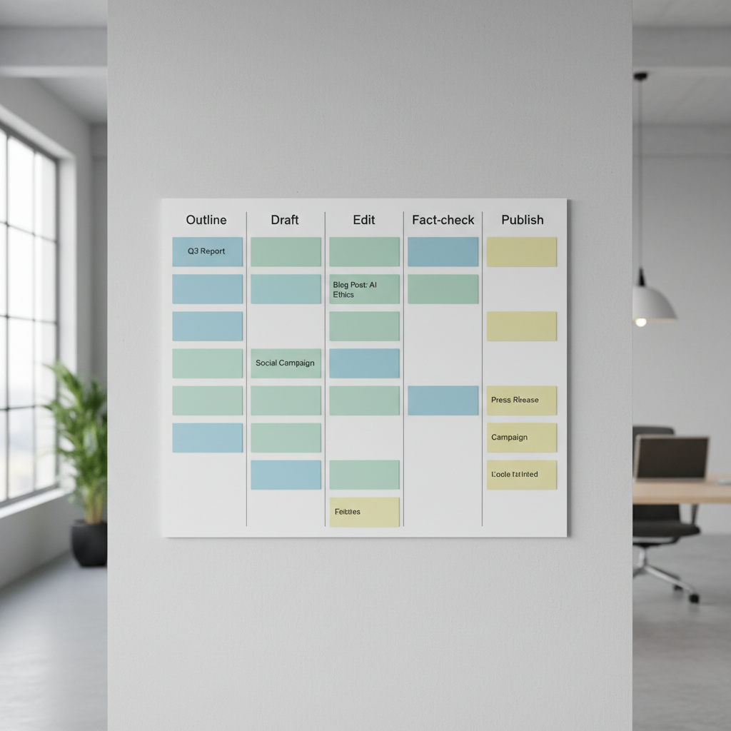 Content workflow board showing outline draft edit and publish stages