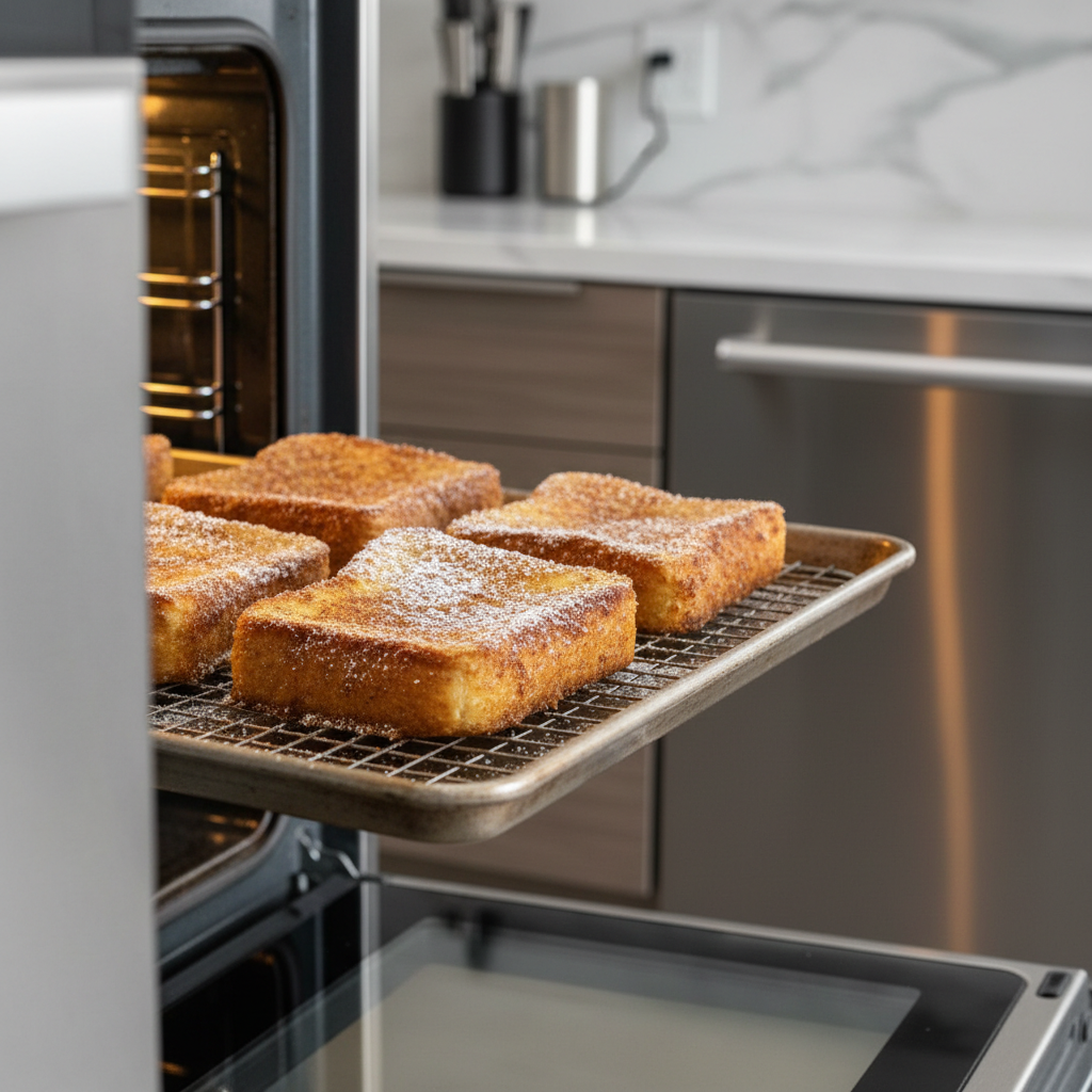 French toast resting on wire rack in oven to keep edges crispy