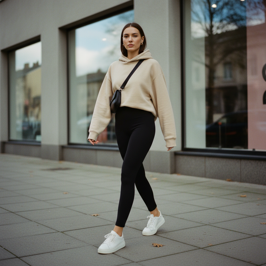 Street style outfit with an oversized hoodie balanced with fitted bottoms and clean sneakers