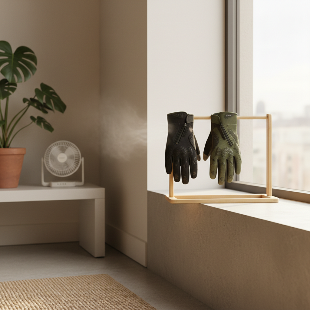 Air drying bike gloves on a rack with good airflow to prevent odor