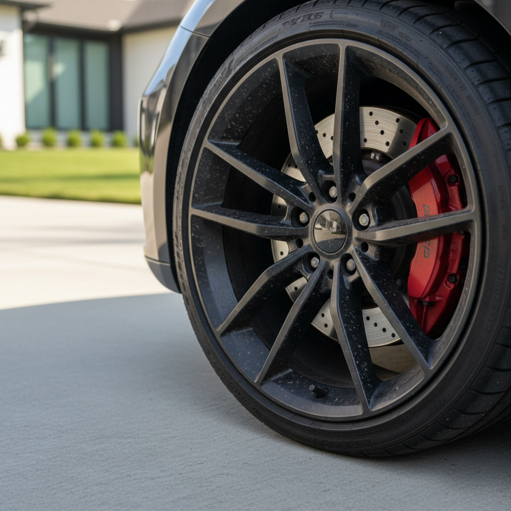 Car wheel and rim with heavy brake dust buildup before cleaning