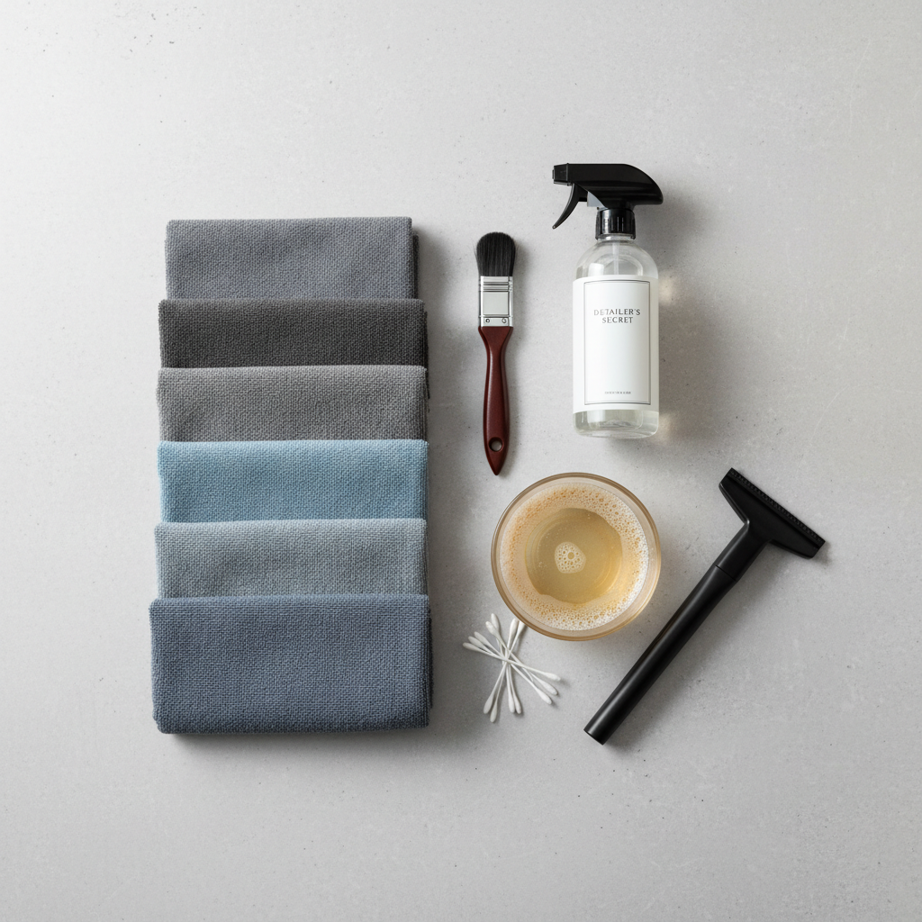 Car detailing supplies for cleaning cup holders: microfiber, brush, soap and vacuum