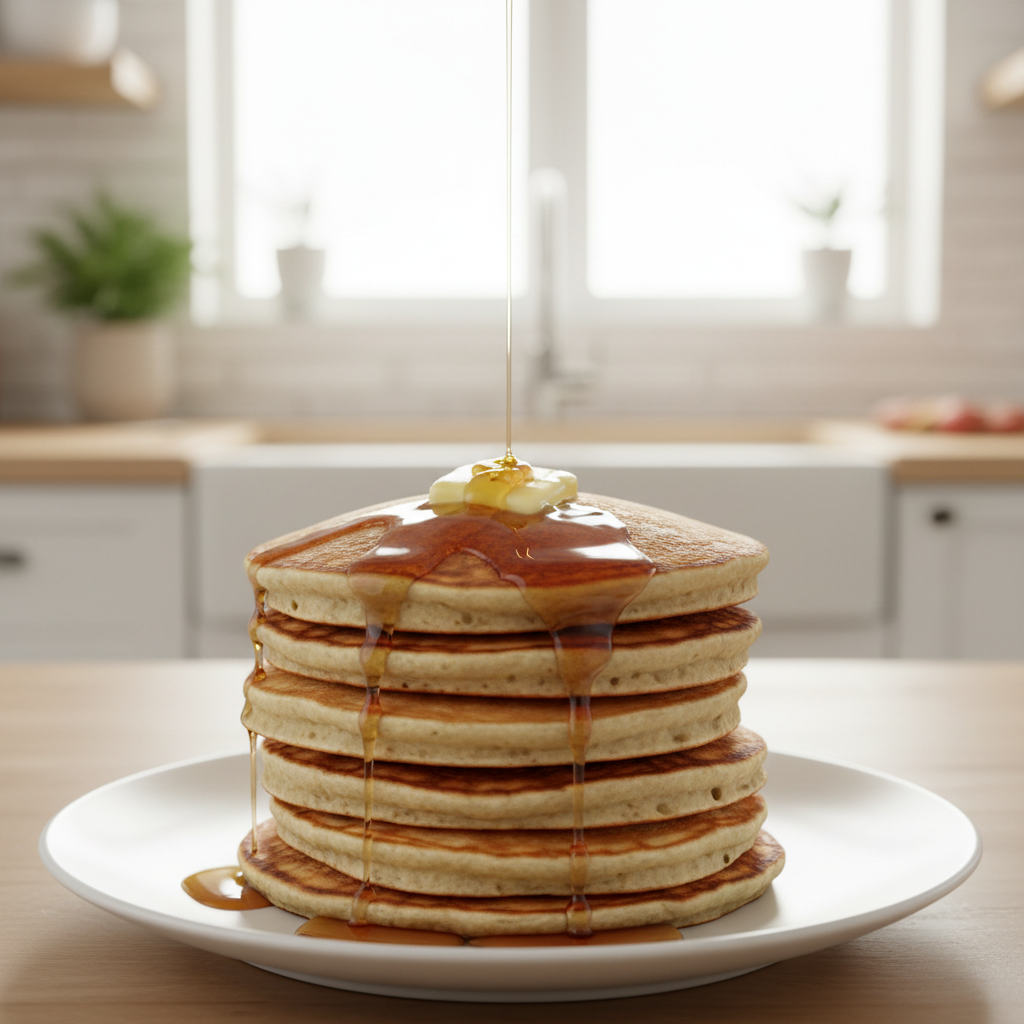 Fluffy soft pancakes stacked on a plate with butter melting