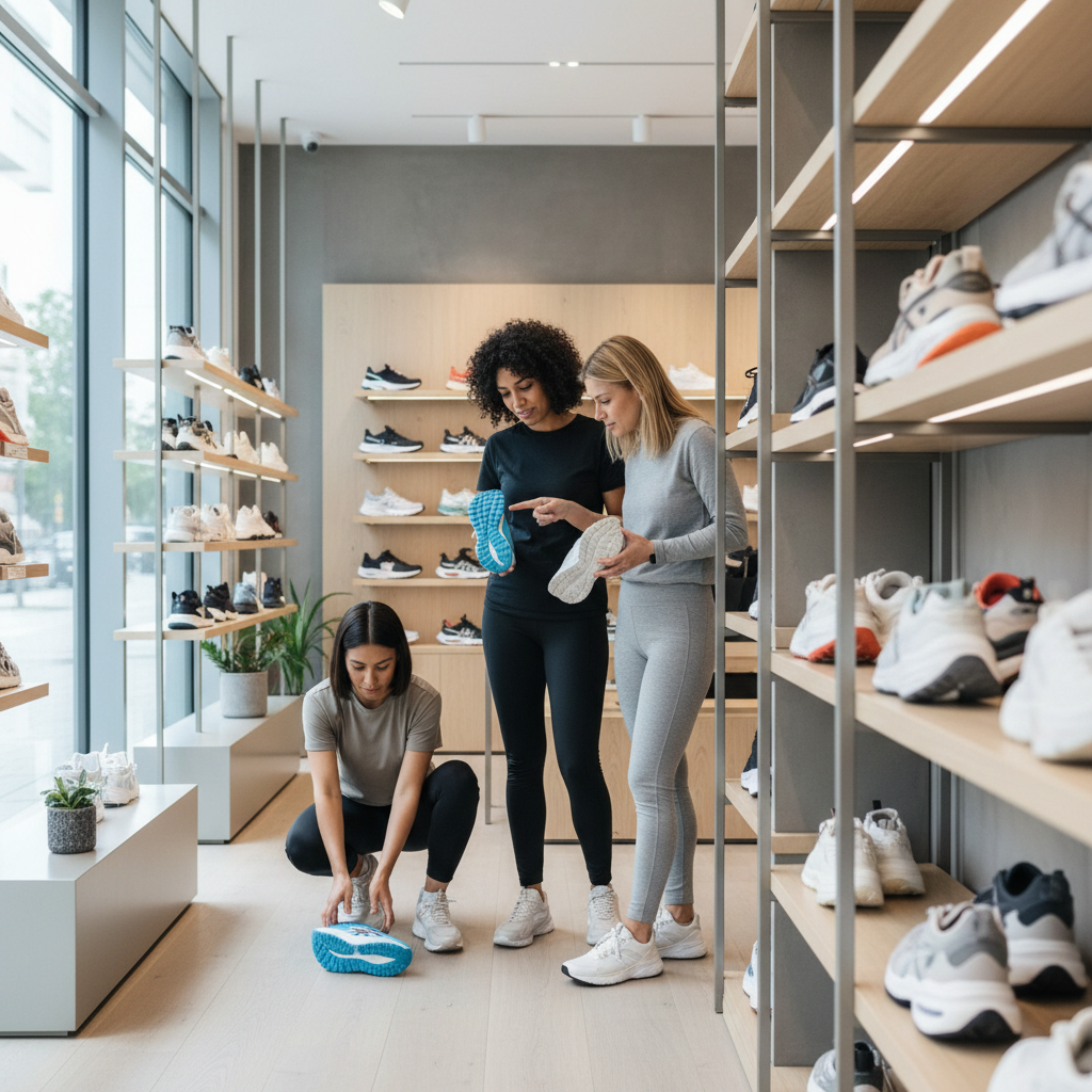 Women comparing sneakers for walking, work, and travel in a modern shoe store