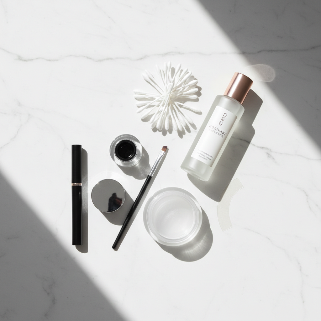 Beginner winged eyeliner setup with pen liner, tape, and small angled brush