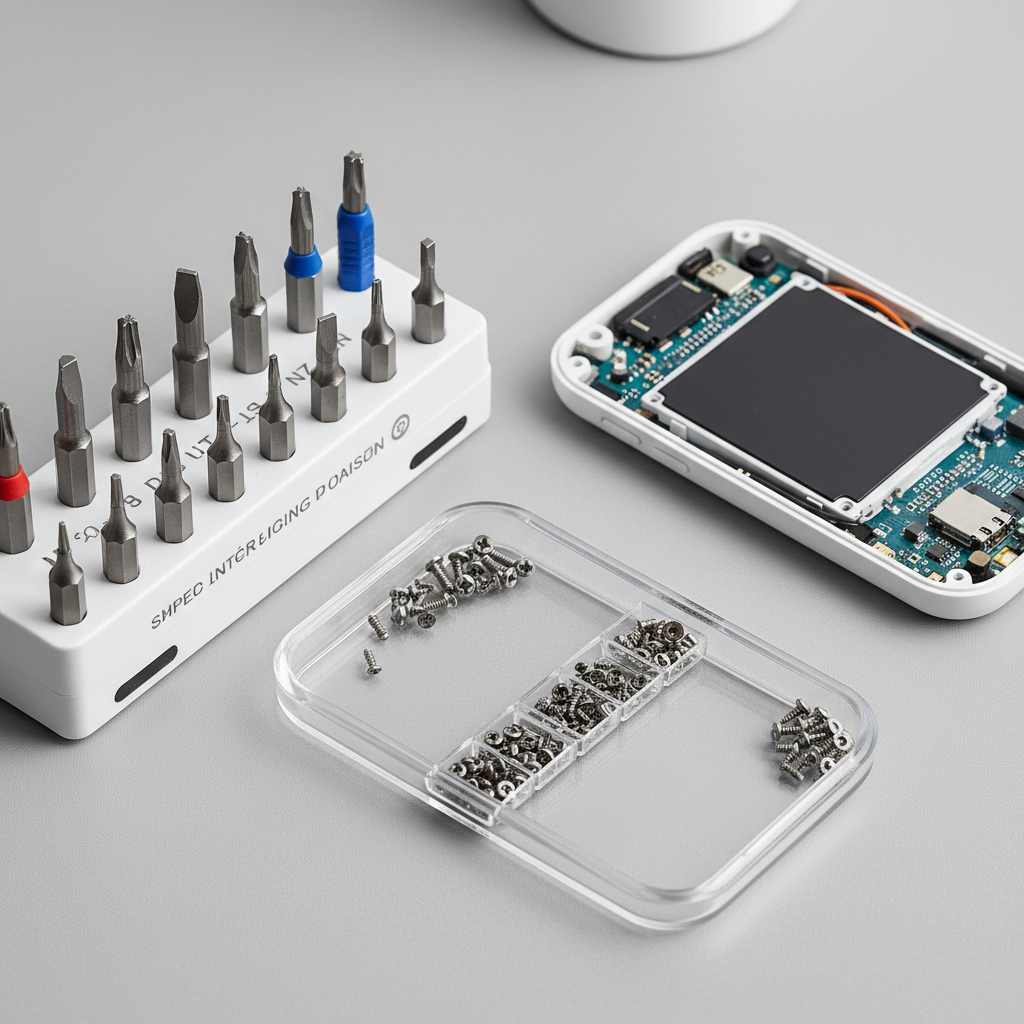 Screwdriver bits and small electronics fasteners laid out for identification