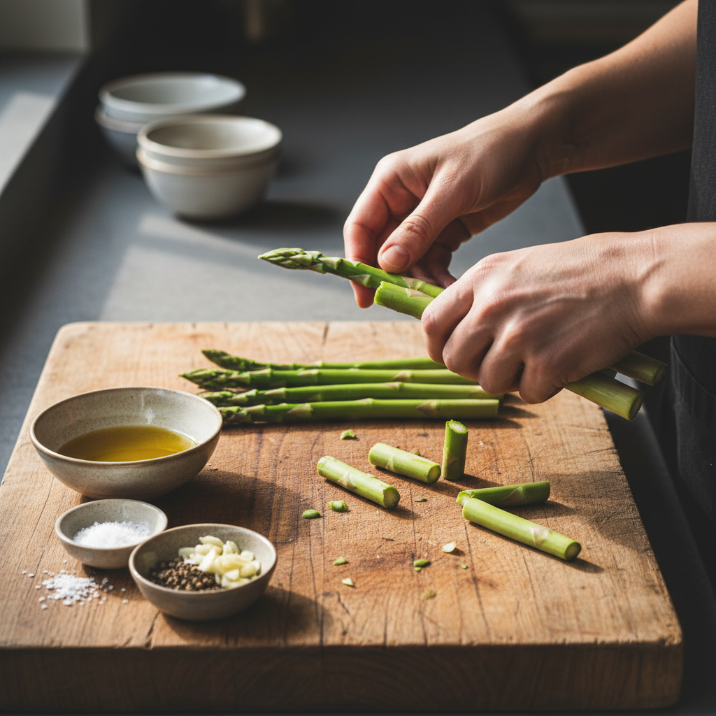 Trimming asparagus ends and seasoning with olive oil, salt, and pepper