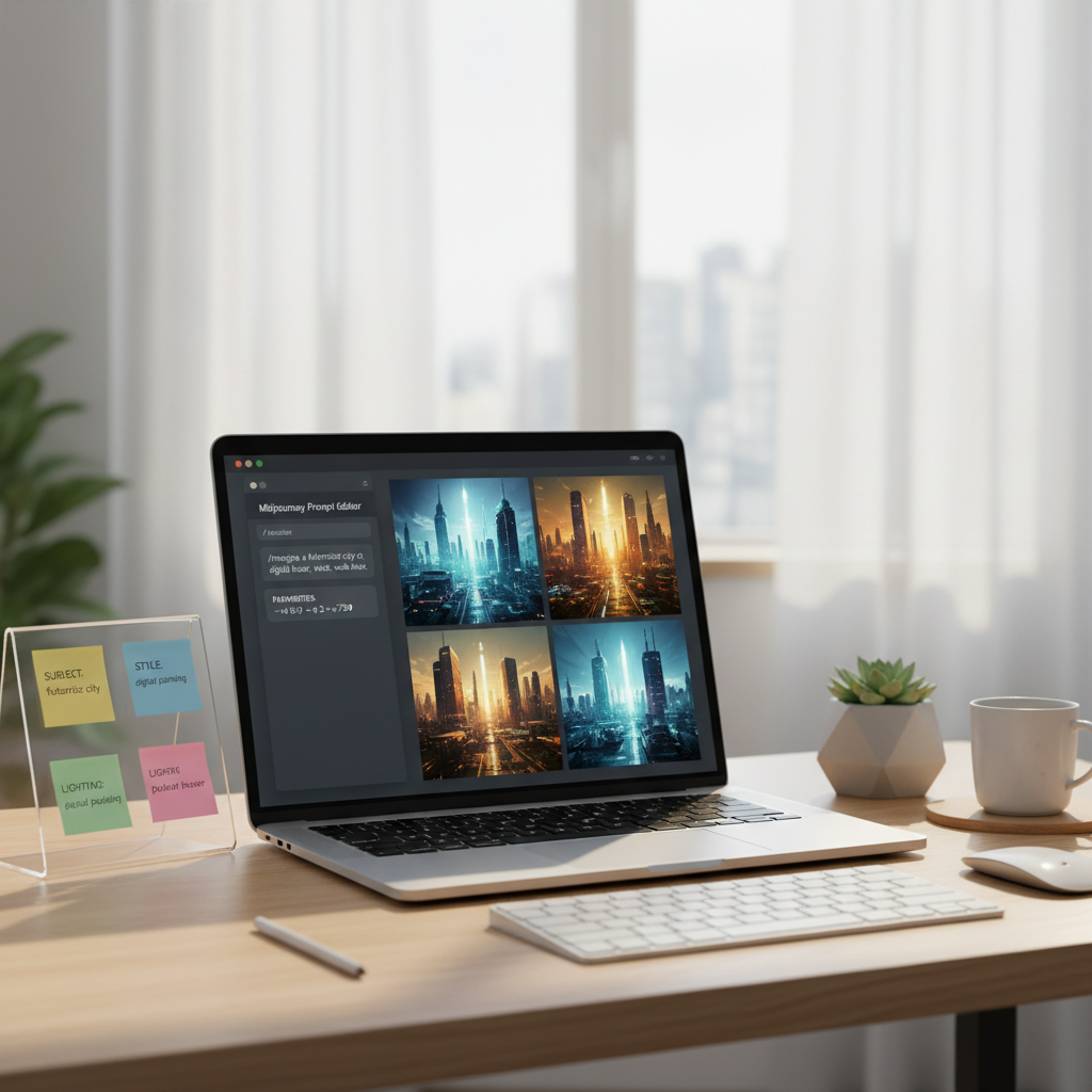 Midjourney prompt building workflow on a desk with examples